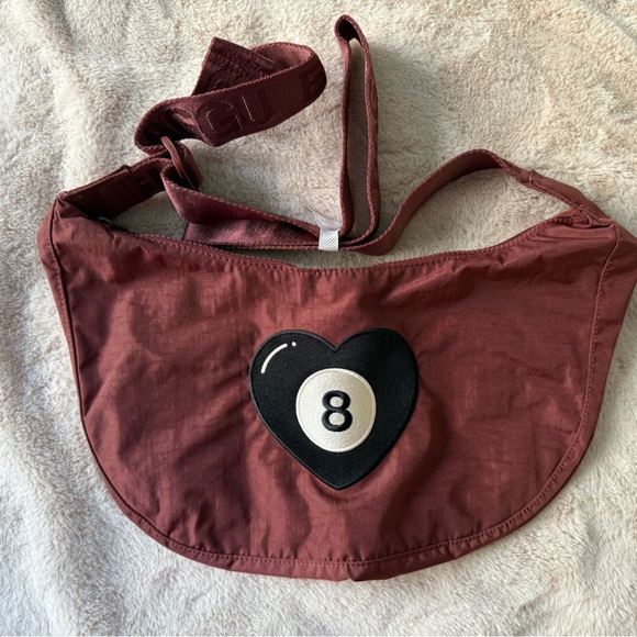 NWT BAGGU Lucky 8 Embroidered 8 Ball Medium Nylon Crescent Bag Wine Mahogany - Picture 2 of 16